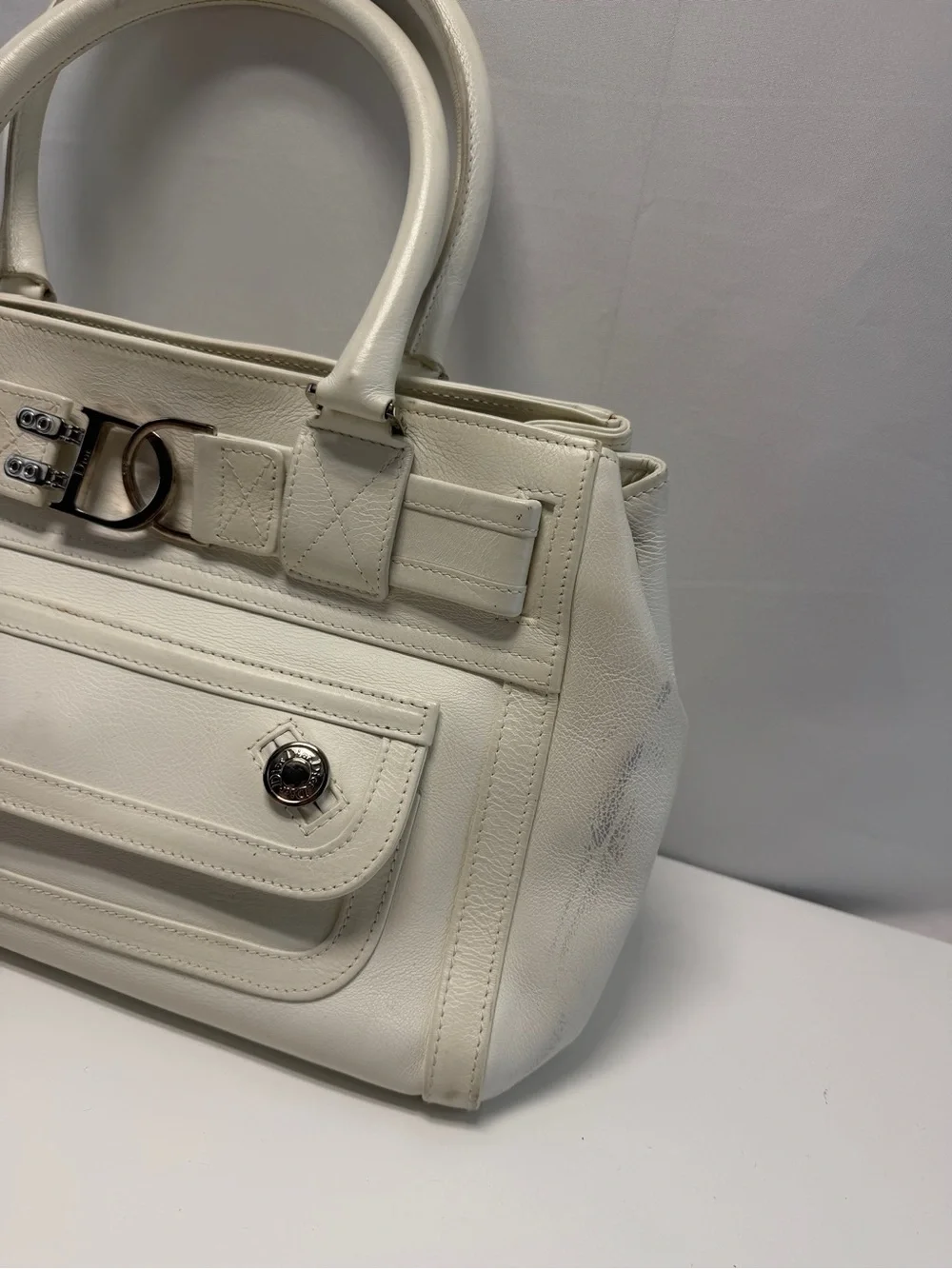 Dior White Leather Top-Handle Tote with Silver Hardware